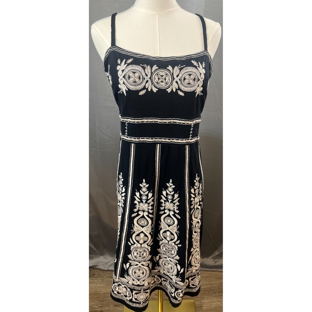 Midi Boho Hippie Cowgirl Beaded Embroidered Dress XL Black Cream Sleeveless